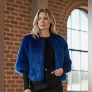 Fabulous Furs Faux Fur Cropped Jacket Blue / Black 3/4 Sleeve